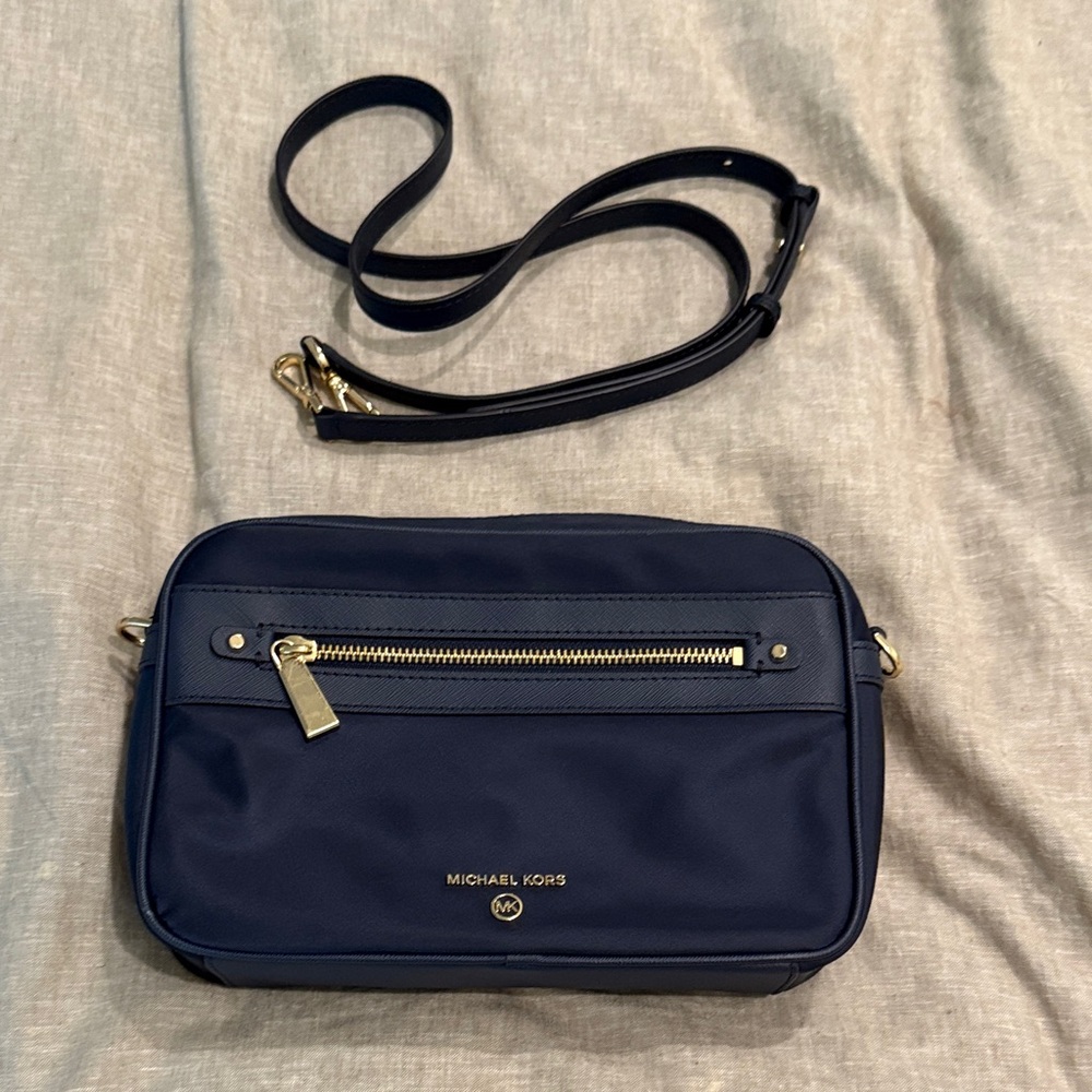 Michael Kors Dark Blue Crossbody Bag with Gold Accents